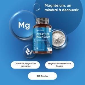 Citrate de Magnesium,440 mg de magnésium élémentaire pur, 240 Gélules