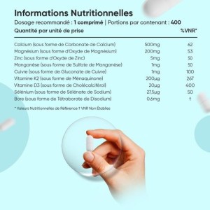 Calcium Magnésium Zinc Vitamine D3 K2 MK7 et Bore, 400 Comprimés